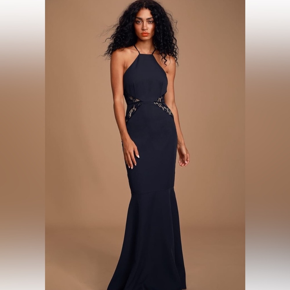 Lulu’s Giavanna Navy Blue Lace Mermaid Maxi Dress NWT